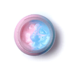 High-quality AI image of a pastel shampoo bottle, shot from above on a white background.	
