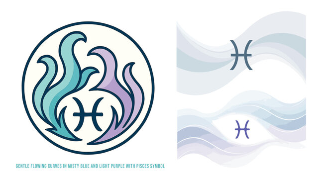 Gentle flowing curves in misty blue and light purple with Pisces symbol