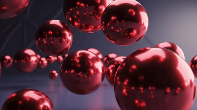 Numerous shiny red metallic spheres floating in an abstract dark environment with reflections.