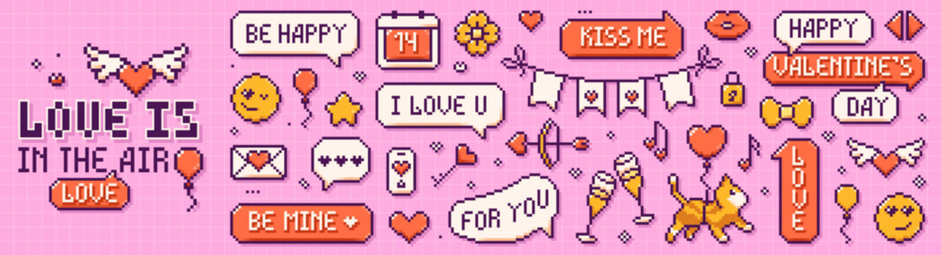 Pixel art Happy Valentine's Day elements. Cute cat with balloon, speech bubbles with love phrases, bow and arrows, emoji on pink backgrounds.