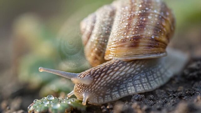 Close up of a snail with a spiral shell outdoors in natural sunlight