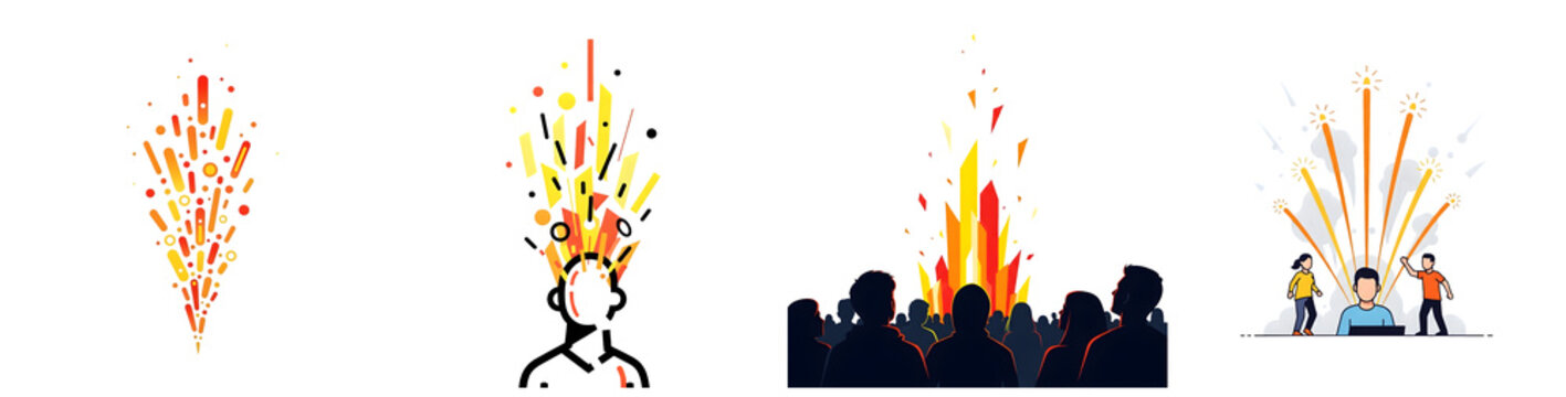 A set of four illustrations of upward bursts an abstract firework an explosion from a head a crowd watching a display and people celebrating ideas