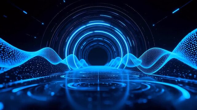 Blue neon tunnel with wave patterns