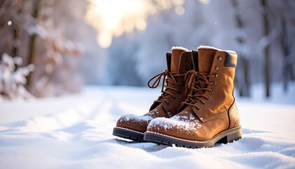 Close up of brown leather winter boots covered in snow resting on a snowy path in a sunlit forest during daytime