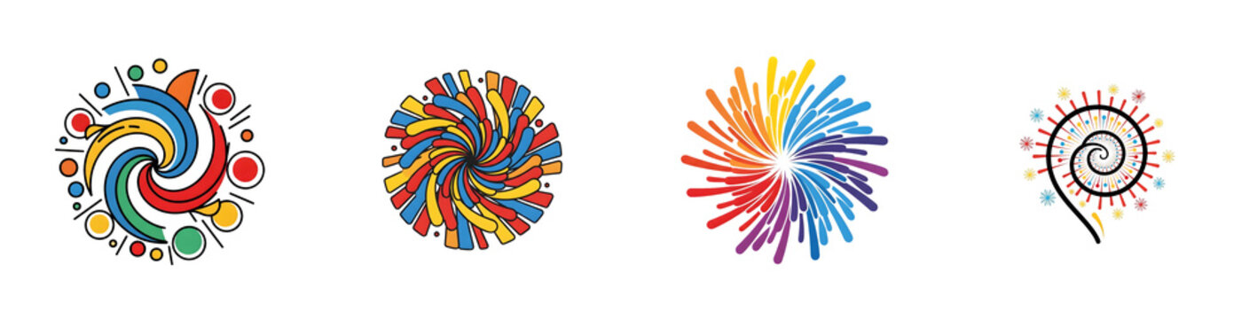 Four colorful abstract circular designs in a row on a white background resembling fireworks or pinwheels in a vector style