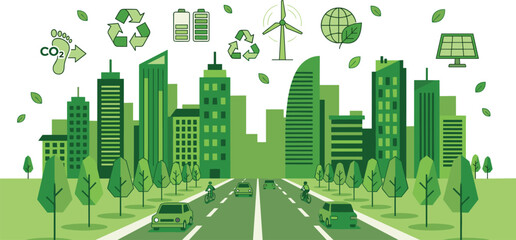 Green sustainable smart city illustration with renewable energy recycling icons eco transport urban environment future concept design technology climate solution