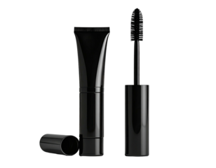 Black mascara tube, open, with wand, dark background