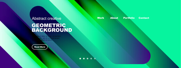 Vibrant abstract design. Gradient colors dominate, featuring geometric shapes. Navigation includes work, about, portfolio, contact options.