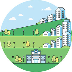Green urban community illustration with residential buildings, city park landscape, hospital, eco friendly neighborhood, sustainable living, modern flat vector design