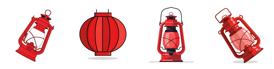 Obraz premium Four illustrations of red lanterns on a white background Three are vintage oil lamps and one is a spherical Chinese lantern