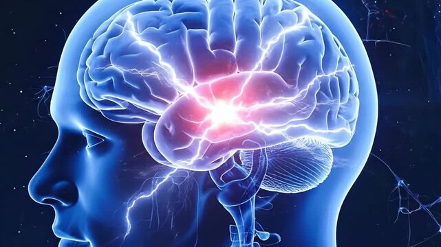 Brain activity and neurological processes visualized in a medical illustration.
