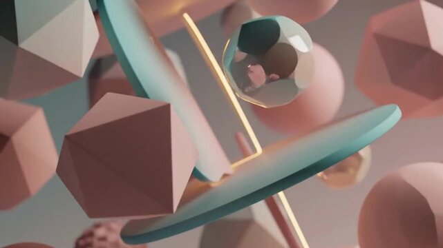 A vibrant abstract composition featuring various 3D geometric shapes including spheres, polyhedra, and curved elements in pastel pink, blue, and gold.