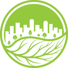 Green eco city logo illustration with urban skyline, leaf landscape, sustainable environment concept, clean nature, modern ecology vector design