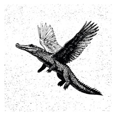 Fototapeta premium Textured hand drawn illustration of a winged crocodile depicting a mythical creature flying for fantasy or unique design projects
