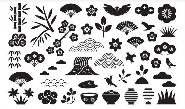 Asian traditional symbols collection sakura flowers bamboo fans lanterns and birds