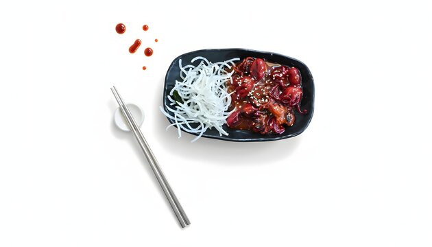 Closeup of Delicious of Chuka Idako or seasoned baby octopus and metal chopsticks on black plate isolated on white background