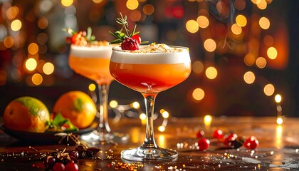 Two festive cocktails with citrus garnish, bokeh lights in the background. Wood table, holiday vibes