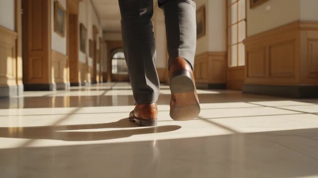 Elegant shoes polished leather formal wear business attire walking hallway museum corridor soft light classic architecture with wooden panel marble