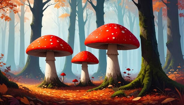 Autumn forest with large red mushrooms - Powered by Adobe