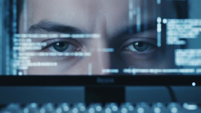 Closeup hacker cyber security code programmer monitor reflection dark eyes screen intense eyes coding dark room focus data technology