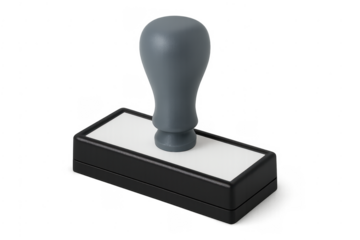 Rubber stamp with grey handle verifying authorization on document