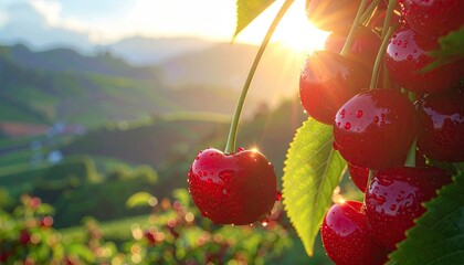 Close up of vibrant red cherries glistening with water droplets in warm golden hour sunlight over a vineyard landscape