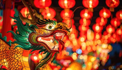 Close Up of a Colorful Dragon Head Decoration with Many Red Lanterns Lit Up in the Background During Evening Celebration