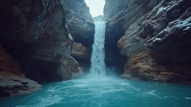 Waterfall cascading into a turquoise pool in a rocky canyon