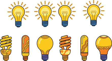 Colorful light bulb illustration set with glowing ideas energy efficient lamps creative concept flat design icons for innovation inspiration branding