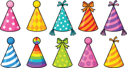 Colorful party hat cartoon set, festive birthday celebration accessories, cute patterned cone hats, kids party decor, playful flat vector illustration