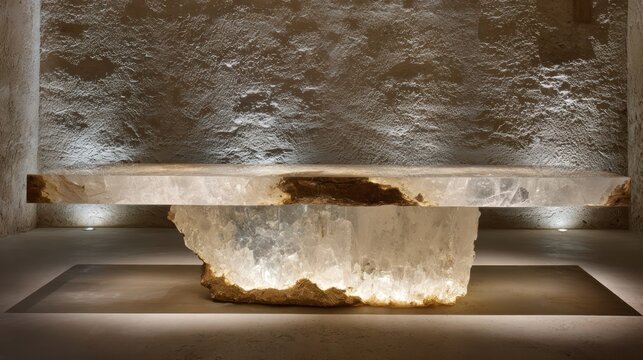 Boardroom table in raw quartz appears weightless underlit from below so the entire slab glows against a background