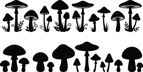 Black mushroom silhouette set, forest fungi shapes collection, botanical nature elements, fairy tale woodland design, minimal flat vector illustration