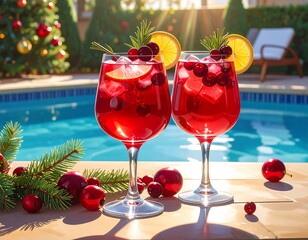 Two festive red cocktails with cranberries, lemon slices, and rosemary, poolside near a decorated Christmas tree