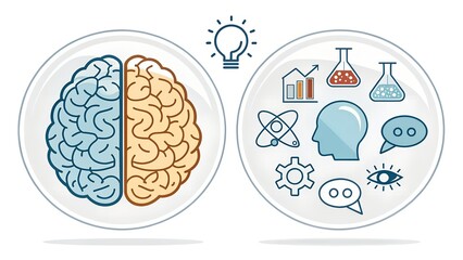 Conceptual Infographic Illustration of Left and Right Brain Functions Featuring Cognitive and Scientific Icons
