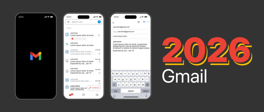 Gmail Mobile App Interface Mockup, Inbox, Email List and Compose Screen on iPhone 2026