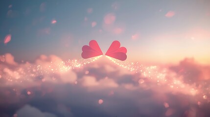 Fototapeta premium Two Paper Planes with Pink Heart Wings Flying into Sunset Sky for Valentine's Day