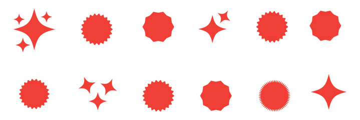 Set of red starburst. Price sticker, sale sticker, price tag, starburst, quality mark, retro stars, sale. Circle sticker set. red starburst shape tags 