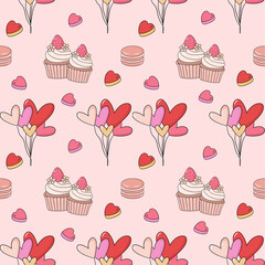 Valentine&rsquo;s Day Seamless Pattern Hand Draw Flat Design with Hearts Love Theme and Pastel Color Palette