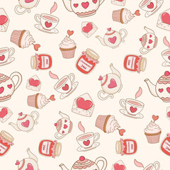 Valentine&rsquo;s Day Seamless Pattern Hand Draw Flat Design with Hearts Love Theme and Pastel Color Palette