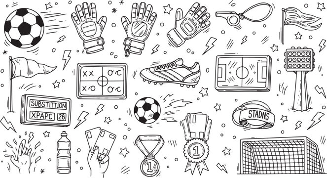 Dynamic collection of hand-drawn soccer-themed elements and essential equipment, perfect for sports graphic design concepts and athletic event illustrations
