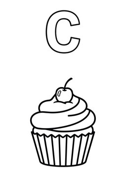 Letter C Coloring Book Page for Kids with Cute Cupcake. Vector Outline Illustration.