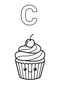 Letter C Coloring Book Page for Kids with Cute Cupcake. Vector Outline Illustration.