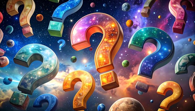 Colorful cosmic question marks floating in space with stars, planets, and Earth in background