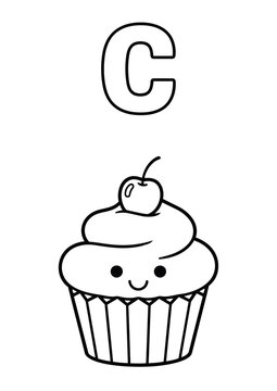 Letter C Coloring Book Page for Kids with Cute Cupcake. Vector Outline Illustration.