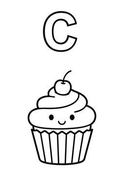 Letter C Coloring Book Page for Kids with Cute Cupcake. Vector Outline Illustration.