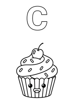 Letter C Coloring Book Page for Kids with Cute Cupcake. Vector Outline Illustration.