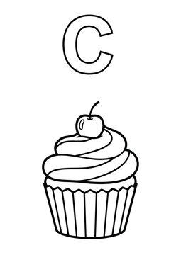 Letter C Coloring Book Page for Kids with Cute Cupcake. Vector Outline Illustration.
