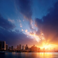 Fototapeta premium Stunning urban skyline at sunset with dramatic clouds and reflected cityscape