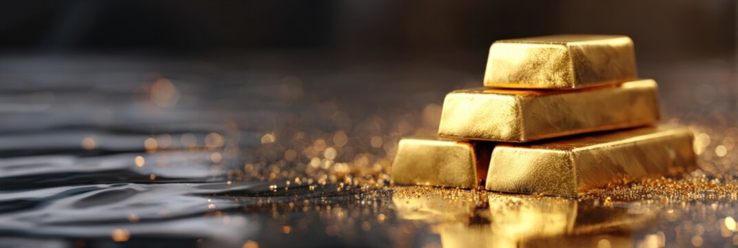 Stacked gold bars on reflective surface with sparkling details