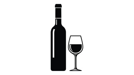 A black silhouette of a wine bottle and glass simple design silhouette